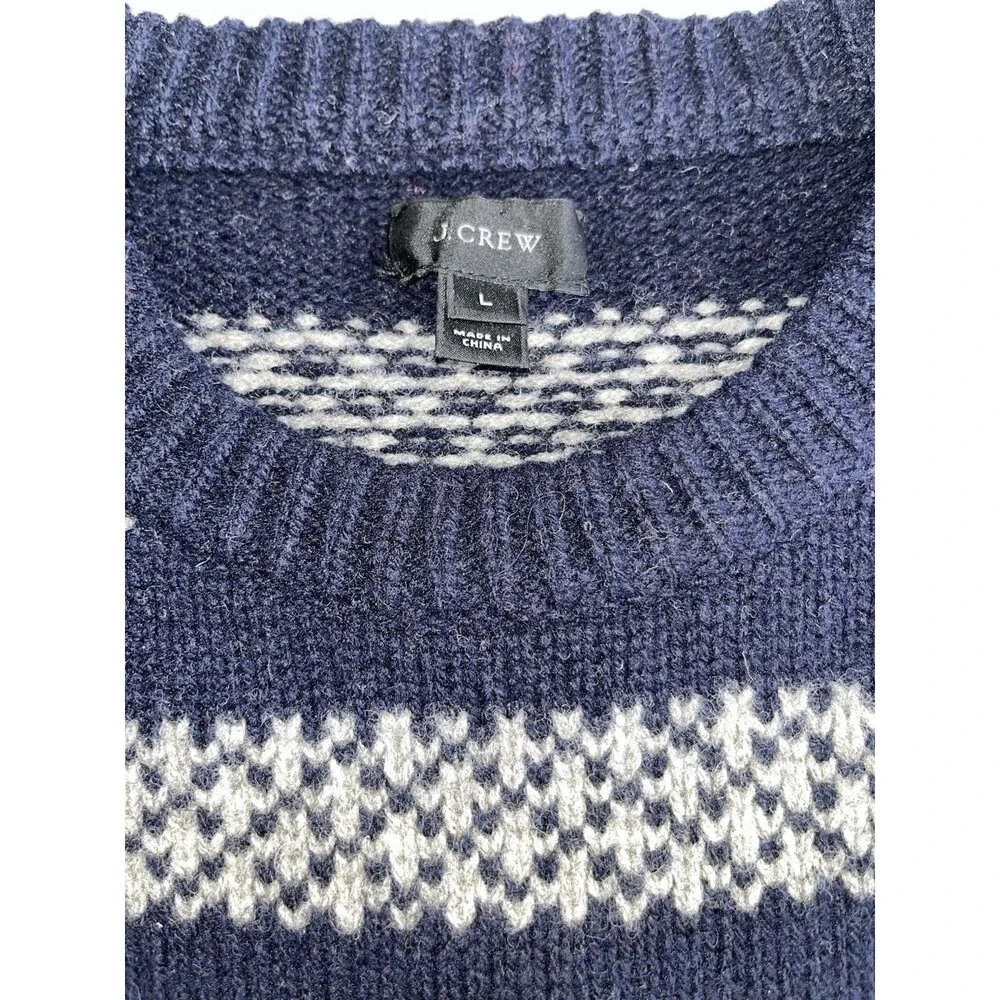 J.Crew Men’s Large 100% Lambswool Crewneck Sweater Horizontal Stripes Navy Gray